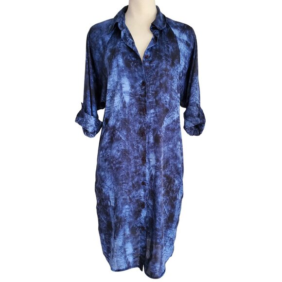 MICHAEL KORS Denim Blue Tie Dye Print Shirtdress Tabbed Sleeves Blue & Black S - Picture 2 of 15